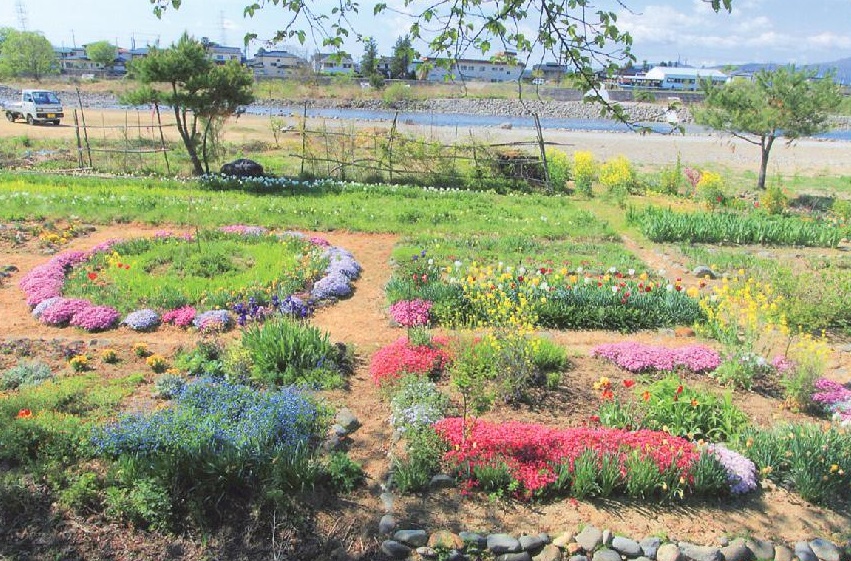 サークル状になっている花壇など手入れが行き届いた四季折々の花が植えられた庭園の写真