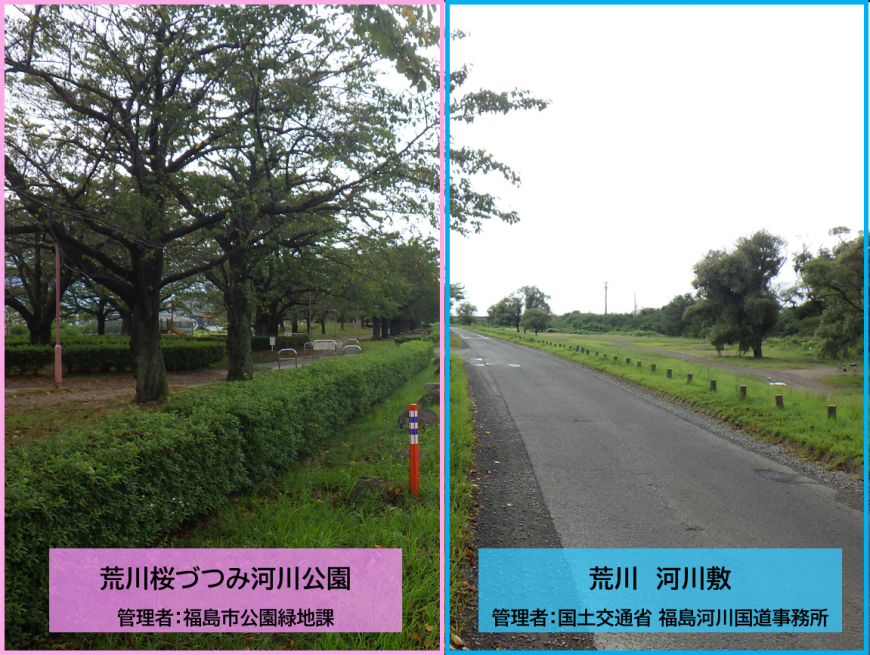 左：荒川桜づつみ河川公園管理者：福島市公園緑地課木が密集して植えられ近くに外灯が設置されている写真 右：荒川河川敷管理者：国土交通省福島河川国道事務所道路脇に芝生になっている広場と木が点在している写真