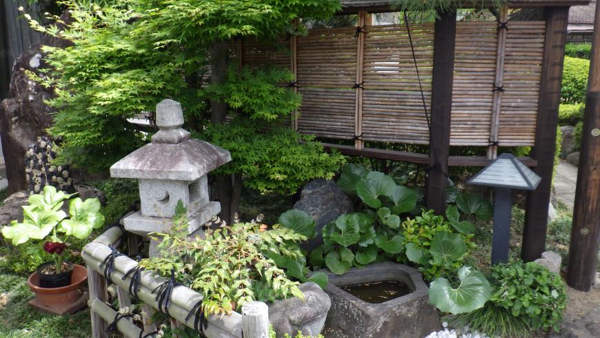 青々した紅葉とそばに石灯篭と水場がある庭園の写真