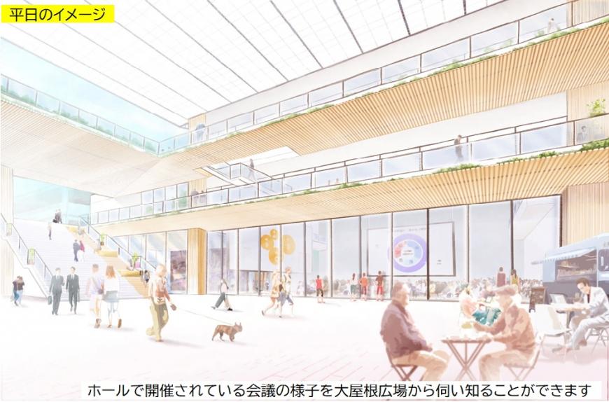 平日のイメージ、ホールで開催されている会議の様子を大屋根広場から伺い知ることができます（大屋根広場に設置されたテーブルでくつろいでいる人たちのイラスト）