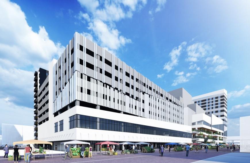 住宅棟と駐車場棟と複合棟がつながった造りになっている建物のイメージイラスト