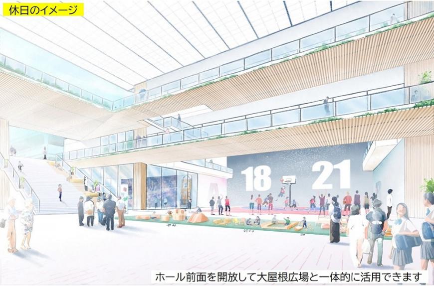 休日のイメージ、ホール前面を開放して大屋根広場と一体的に活用できます（大屋根広場でイベントが開催されて人が集まっているイラスト）