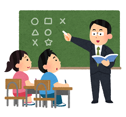 男女が机に座り、先生が黒板を指差ししている学校授業風景のイラスト
