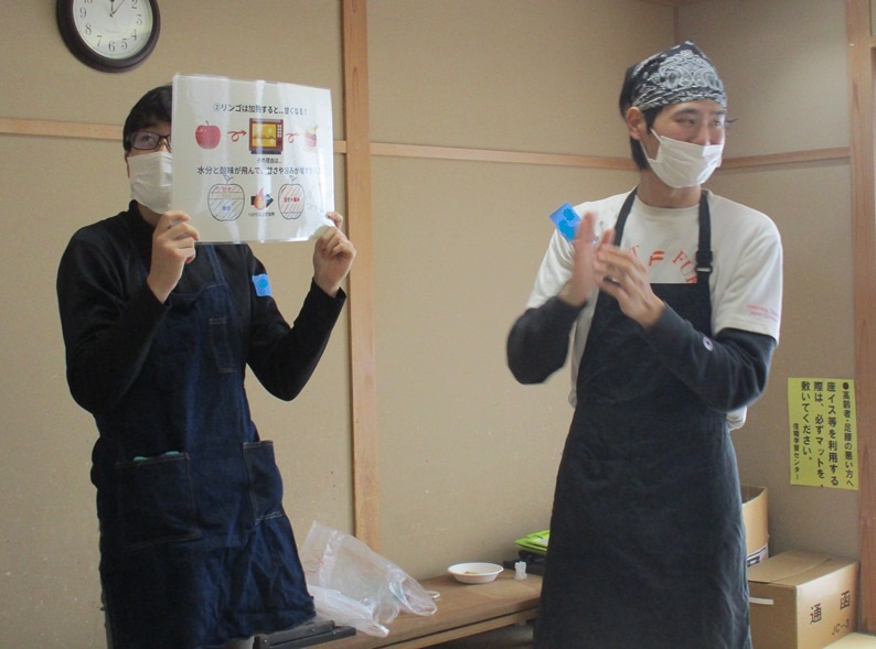 説明が書かれた紙を顔の前で持った男性と隣で拍手をしている男性の写真