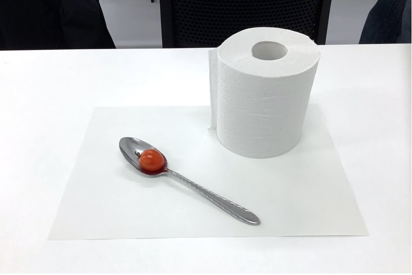 トイレットペーパー、ミニトマト、スプーン