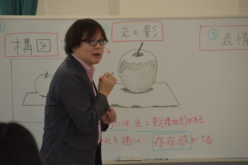 白版にリンゴの絵が描かれ、齋氏が光と影について説明をしている様子の写真