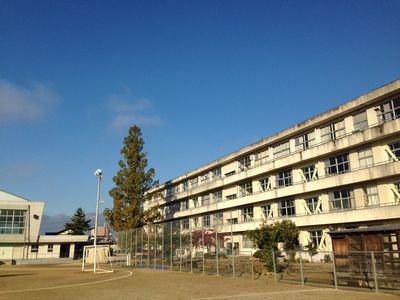 グラウンドの先に体育館、フェンスで仕切られた右側に4階建ての校舎がある杉妻小学校の外観写真