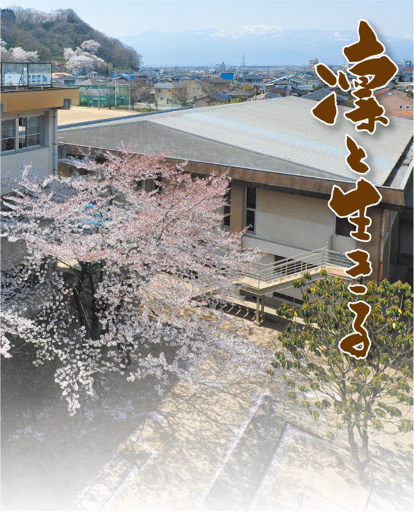 「凜と生きる」の文字と校舎脇に満開の桜の木がある渡利中学校を上から撮影した写真