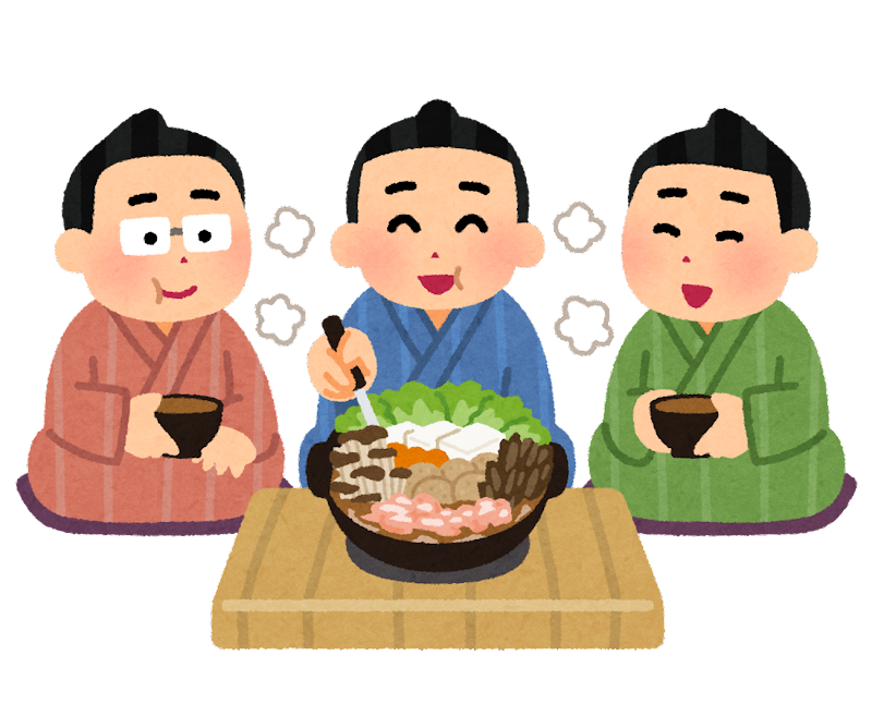 湯気が立ち昇るちゃんこ鍋を囲んでいる3人の男性のイラスト