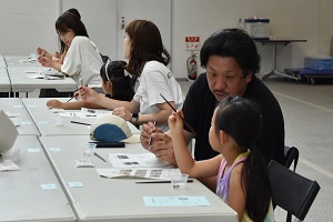 席に座った親子の参加者が、資料を見ながら箸の持ち方を確認している写真