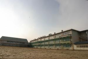 グラウンドの先に体育館と3階建ての校舎がある信陵中学校の外観写真