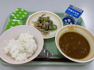 若草色のトレーの上に、ごはん、ポークカレー、かみかみひじきサラダ、ゼリー、パックの牛乳が乗っている写真