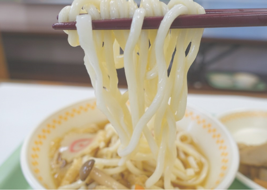 器に入ったうどんを箸ですくいあげている写真