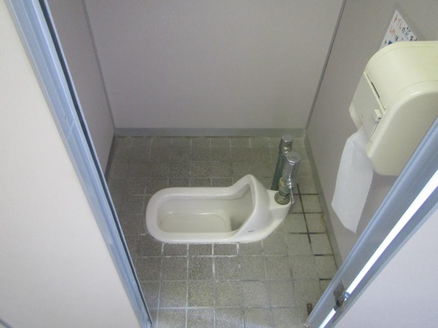 個室のドアと平行に和式の便器があるトイレの写真