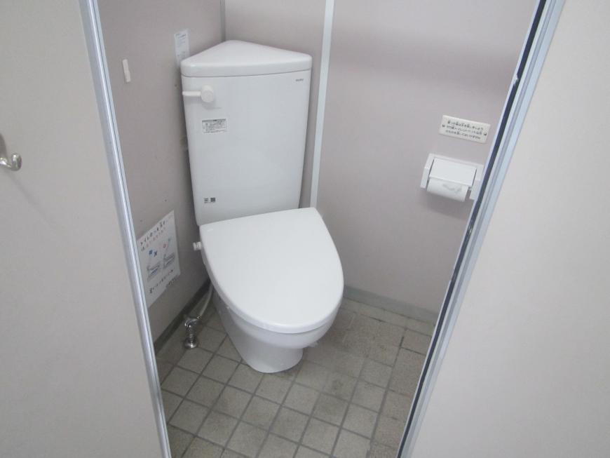 個室のドアから向かって左奥に水洗タンクと洋式便器があるトイレの写真