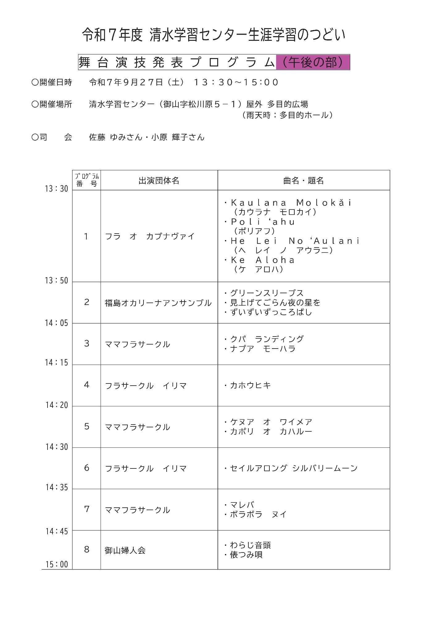 第22回清水学習センター生涯学習のつどいプログラム午後