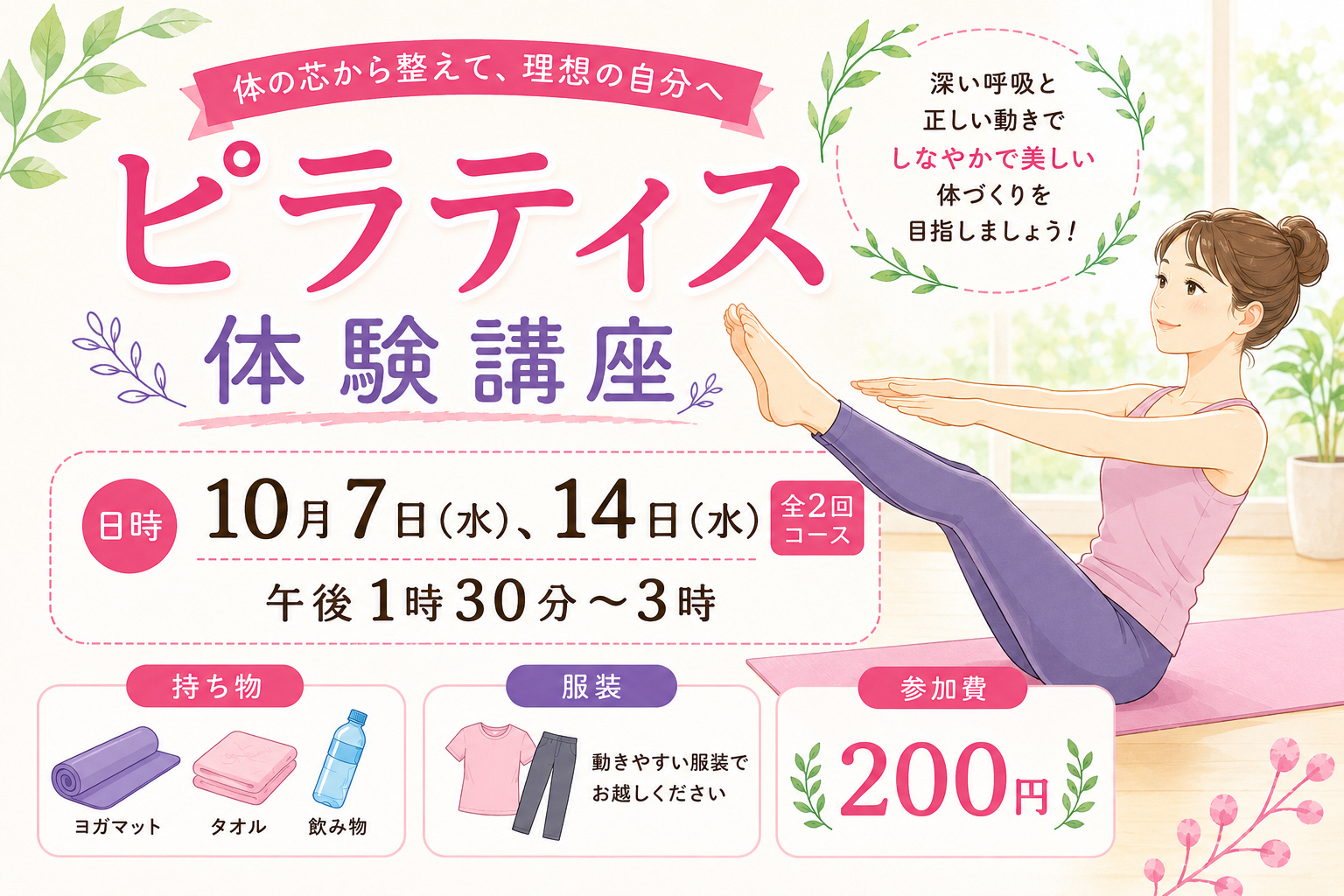 女性がピラティスをしている講座の募集用画像