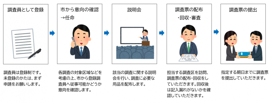 調査員に登録後、市から従事可能かどうか意向を確認し、説明会を経て調査票の配布、回収、審査を行っていただきます。